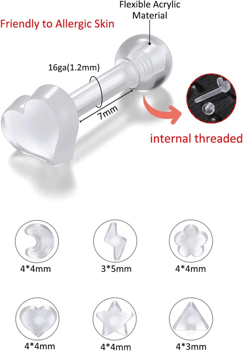 PiercingJ Clear Acrylic Cartilage Earrings 16G Plastic Tongue Tragus Ring Cute Heart Star Nose Lip Stud Barbell Black Helix Piercing Retainer for Sports Surgery Work - Image 2